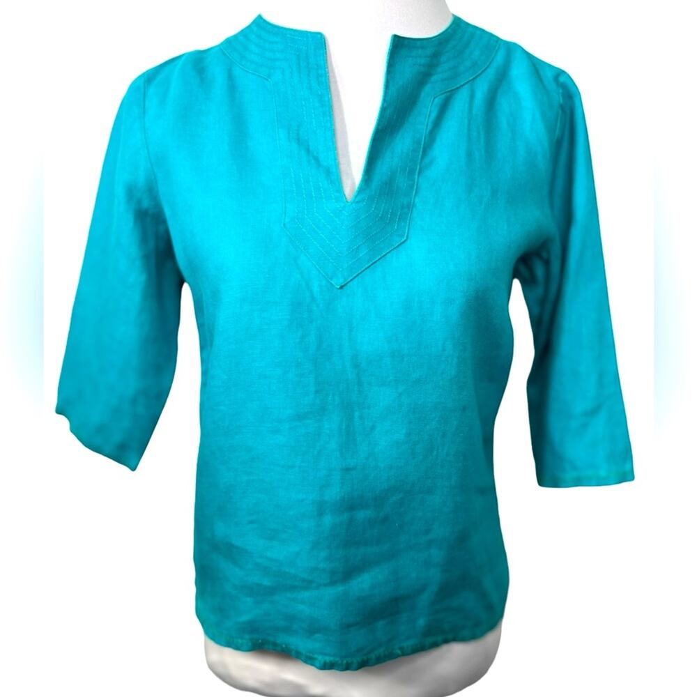 Lauren Ralph Lauren Teal 100% Linen Short Sleeve Top Blouse Size XS